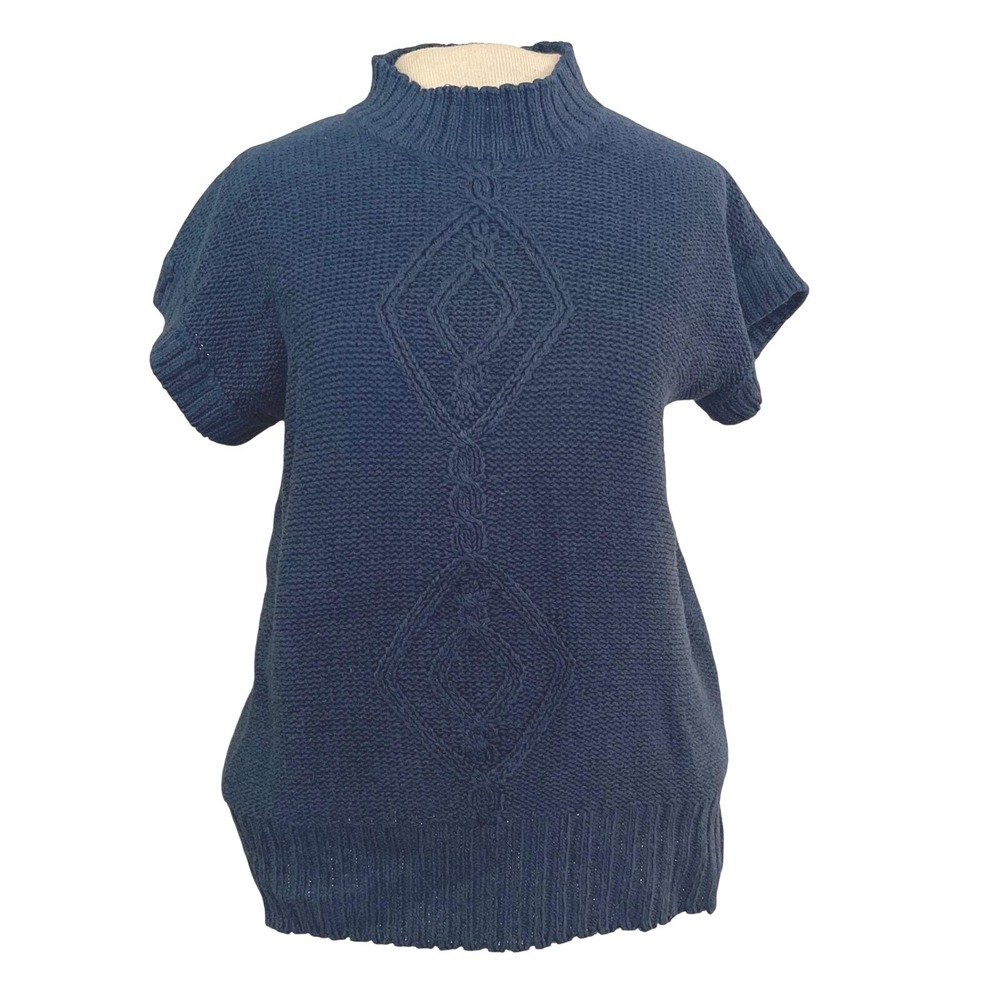 Nuons Sweater Womens M Blue Silk Rayon Knit Short Sleeve Mock Neck Cable Vintage